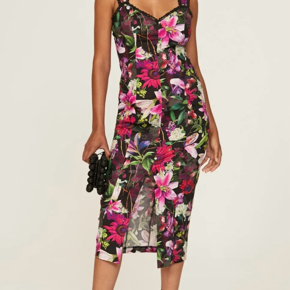 Marchesa Notte Botanical Midi Dress with Black Lace Trim
